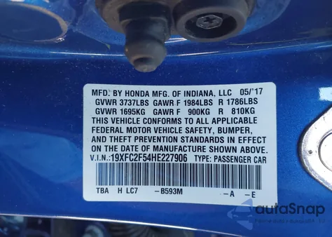 2017 Honda Civic Lx из США, поврежденный, VIN 19XFC2F54HE227906